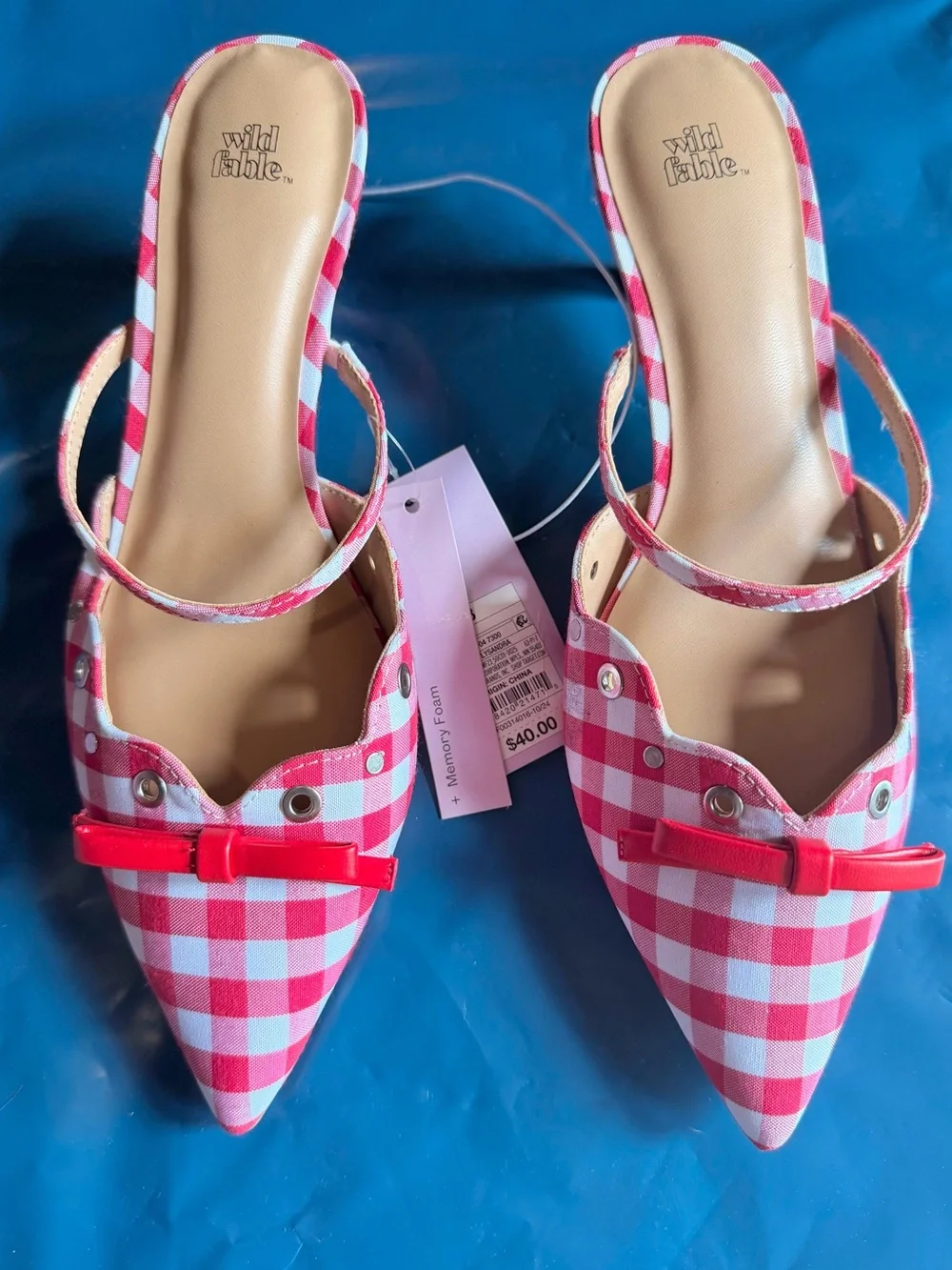 Wild Fable- Red & White Gingham Kitten Heel Mules Pointed Toe, Bow Detailing